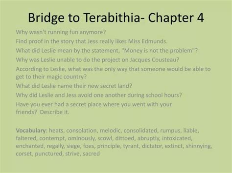The races at school come to a halt when Leslie continues to beat the boys. . Bridge to terabithia chapter 4 pdf